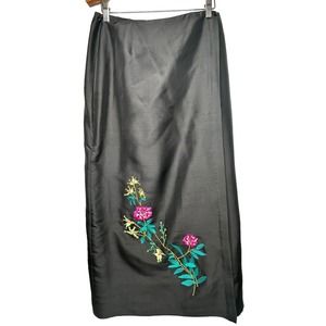 Russell Kemp Collection Black Silk Embroidered Floral Wrap Maxi Skirt Size 8